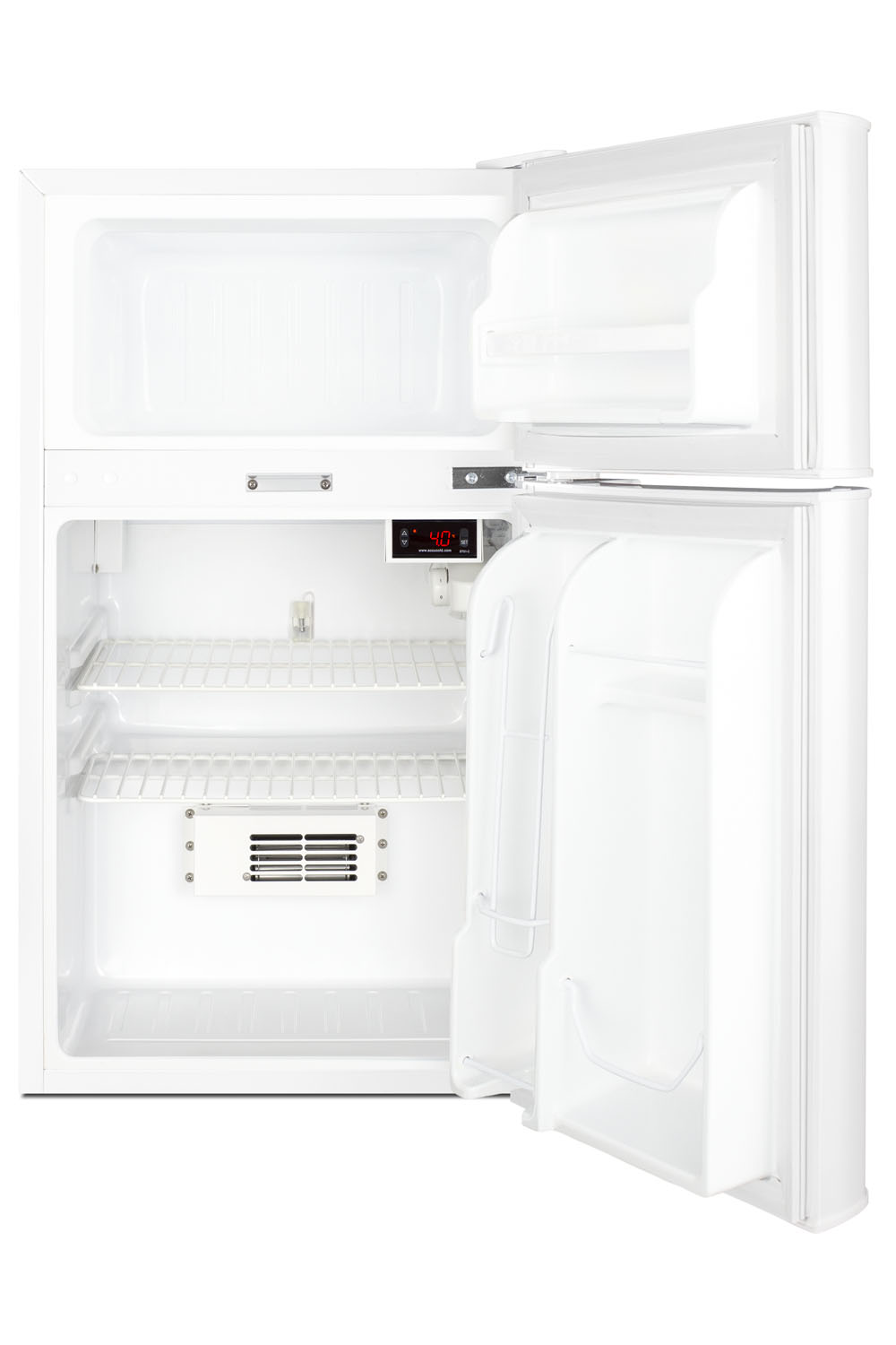 General purpose counter height 2-door refrigerator-freezer with digital refrigerator control, internal fan, combination lock, and NIST calibrated alarm/thermometer